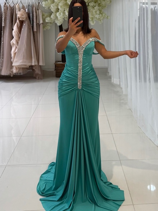 Dresses & Skirts - NWT Rhinestone Off Shoulder Teal Prom Dress